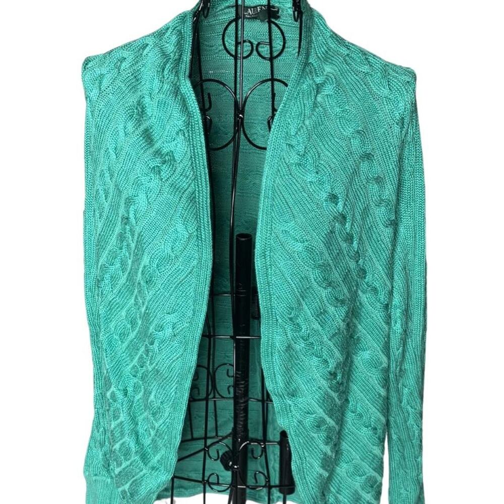 Lauren Ralph Lauren Cable Knit Open Front Cardigan Mint Green Teal S/M